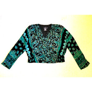 VINTAGE Y2K Womens Top-CAROLE LITTLE-teal/black paisley smocked waist BOHO-14